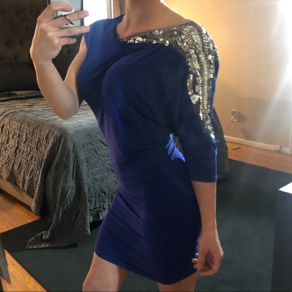 Royal blue ruched mini dress with silver sequins